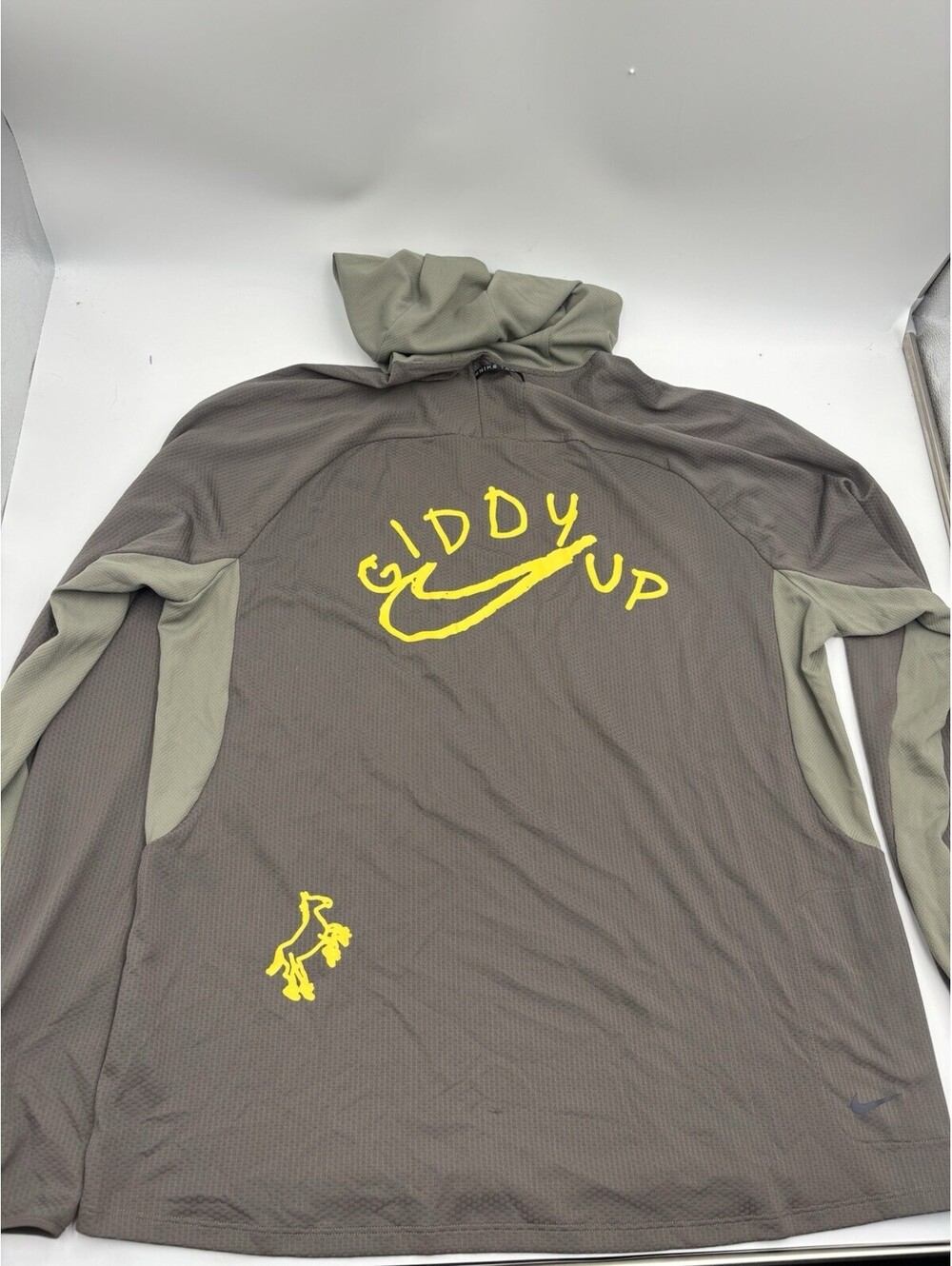 NIKE Trail Running Top Large Mens UV Dri-Fit Brown Green Hooded Long Sleeve